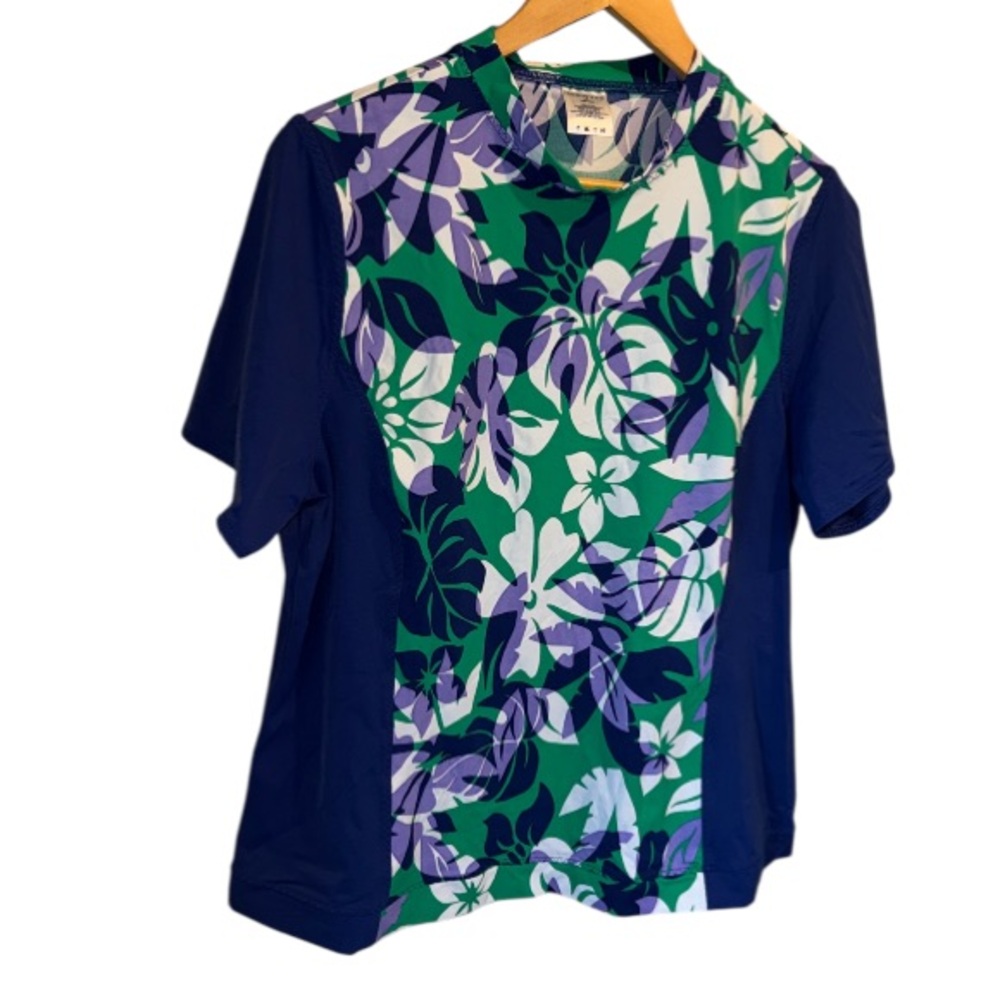 Swim rash guard sun protection top Floral Print Blue Green lands end 1x stretch